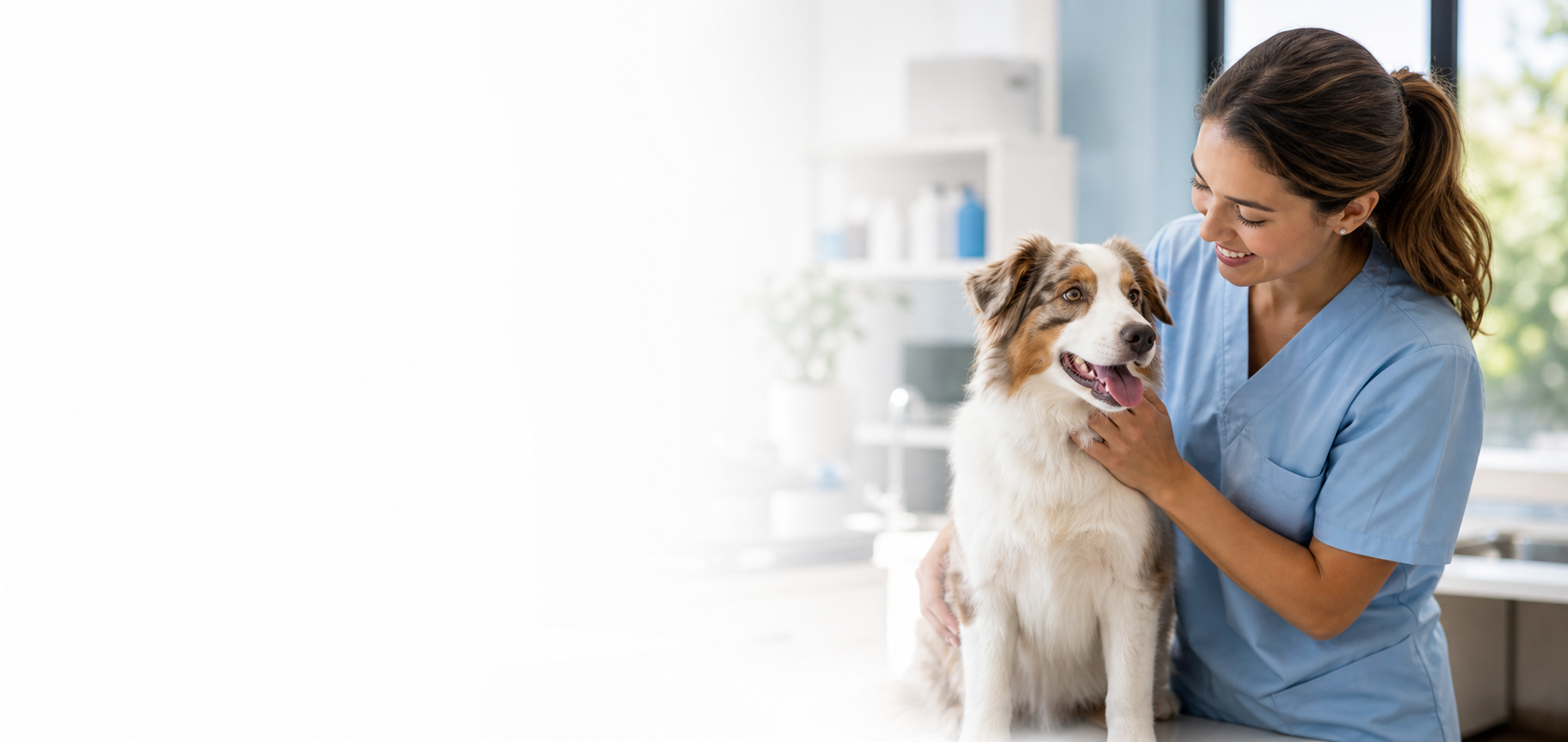 Veterinária atendendo um cão em uma clínica iluminada